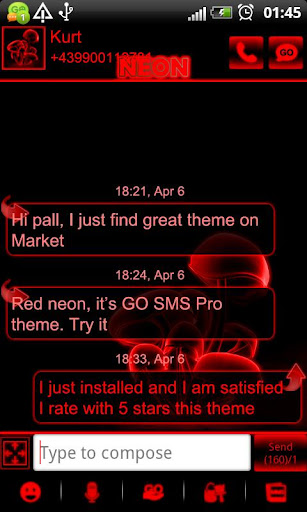 Red neon GO SMS Pro theme