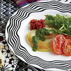 Pan-Fried Scamorza with Arugula Salad and Two Pestos