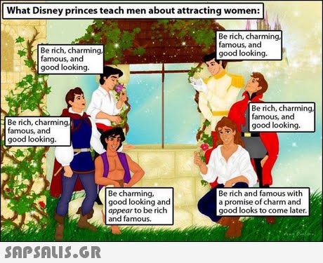 What Disney princes teach men about attracting women: Be rich, charming famous, and good looking. Be rich, charming famous, and good looking. Be rich, charming famous, and good looking. Be rich, charming famous, and good looking. Be charming, good looking and appear to be rich and famous. Be rich and famous with a promise of charm and good looks to come later 
