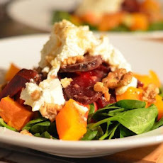 Wintry Spinach, Beetroot and Pumpkin Salad with Caramelized Goat Cheese
