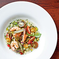 Lowcountry Gazpacho with Seasoned Shrimp and Quick Pickled Okra