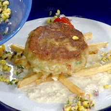 Classic Crab Cakes with a Roasted Corn and Tomato Salad and Fresh Horseradish Sauce