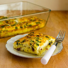 Broken Arm Breakfast Casserole with Cottage Cheese, Bacon, Feta, and Green Onions