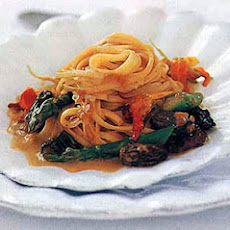 Taglierini with Morels, Asparagus, and Nasturtiums