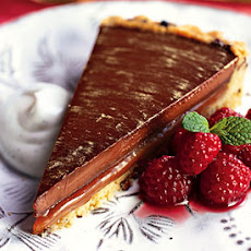Chocolate-Caramel Tart with Drunken Raspberries and Vanilla Crème Fraîche