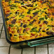 Broccoli, Mushrooms, Ham, and Cheddar Baked with Eggs