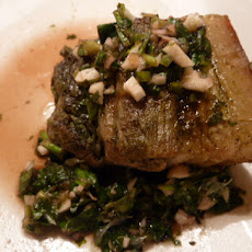 Matcha roasted pork belly with chimichurri sauce