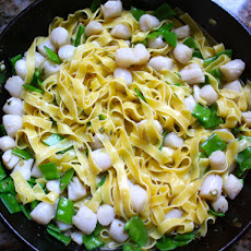 Noodles with Bay Scallops, Snow Peas, and Ginger Sauce