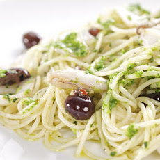 Spaghettini with Broccoli Rabe Pesto, Calamari and Ligurian Olives
