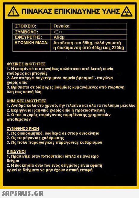 Δ ΠΙΝΑΚΑΣ ΕΠΙΚΙΝΔΥΝΗΣ ΥΛΗΣΑ ΣΤΟΙΧΕΙΟ: ΣΥΜΒΟΛΟ: ΕΦΕΥΡΕΤΗΣ: ΑΤΟΜΙΚΗ ΜΑΖΑ: | Αποδεκτή στα 55kg, αλλά γνωστή Γυναίκα Αδάμ η διακύμανση από 45kg έως 225kg ΦΥΣΙΚΕΣ ΙΔΙΟΤΗΤΕΣ 1. Η επιφάνεια του συνήθως καλύπτεται από λεπτή ταινία πούδρας και μπογιάς 2. Δεν υπάρχει συγκεκριμένο σημείο βρασμού-παγώνει Χωρίς απία 3. Βρίσκεται σε διάφορες βαθμίδες κυμαινόμενες από παρθένη ύλη έυος κοινή ύλη ΧΗΜΙΚΕΣ ΙΔΙΟΤΗΤΕΣ 1. ΑνΤΙδρά καλά στο χρυσό,την πλατίνα και όλα τα πολύτιμα μέταλλα 2. Εκρήγνυται ξαφνικά χωρίς αιτία ή προειδοποίηση 3. Ο πιο ισχυρός παράγοντας εκμηδένισης χρηματικών αποθεμάτων ΣΥΝΗΘΗΣ ΧΡΗΣΗ 1. Ως διακοσμητικό, ιδιαίτερα σε σπορ αυτοκίνητα 2. Ως παράγοντας χαλάρωσης 3. Ως πολύ παραγωγικός παράγοντ