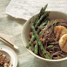 Soba with Grilled Asparagus and Sea Scallops with Sweet Miso Sauce