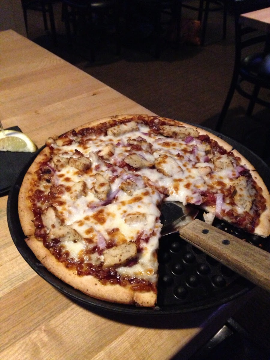 BBQ Chicken pizza - GF - small would have been enough to feed 2. Could only eat 1/2 with a side sala