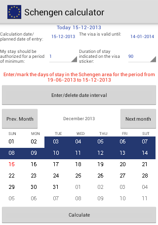 Android application Schengen calculator screenshort