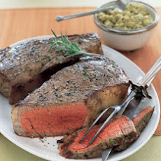 Pan-Grilled New York Strip Steaks with Green Olive Tapenade