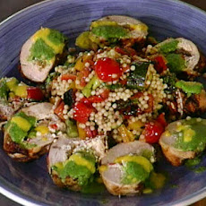 Grilled Chicken Breast Stuffed with Goat Cheese with Smoked Chile Cilantro Sauce