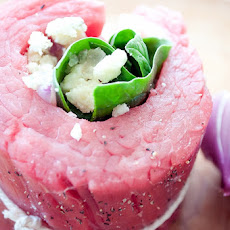 Flank Steak Stuffed with Blue Cheese and Spinach with Creamy Horseradish Sauce