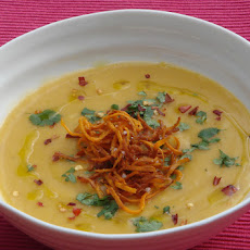 Sweet Potato, Orange and Ginger Cream Soup with Crispy Sweet Potatoes and Chilli Flakes