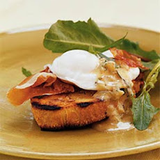 Breakfast Bruschetta with Prosciutto, Poached Eggs, and Warm Mustard Vinaigrette