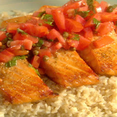Roasted Wild Salmon with Tomatoes, Basil, and Capers, Parmesan-Crusted Cauliflower, and Rice