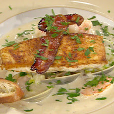 Pan-Roasted Halibut in a Shrimp Chowder with Steamed Cherrystone Clams and Apple-Smoked Bacon