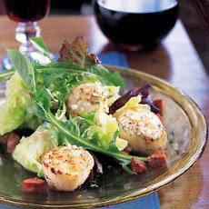 Sauteed Scallops with Andouille and Baby Greens