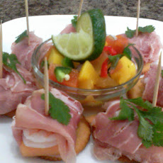 Tropical Mango Salsa with Proscuitto Wrapped Shrimp