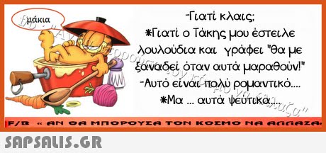 -Γιατί κλαις; Γιατί ο Τάκης μου έστειλε λουλούδια και γράφει θα με ξαναδεί όταν αυτά μαραθούν! -Αυτό είναι πολύ ρομαντικό Μα αυτά ψεύτικα.. μάκια 