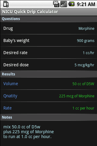 NICU Quick Drip Calculator