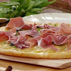 Cornmeal Crusted Pizza with Prosciutto, Green Peas, Fontina and Parmigiano-Reggiano