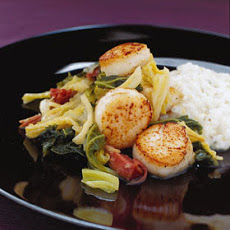 Sea Scallops with Ham-Braised Cabbage and Kale