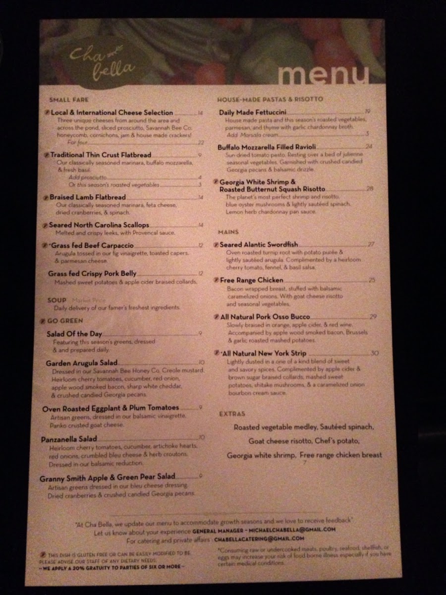 New menu, released 12/20/12. Items that are gluten free or easily modified to be gluten free are mar