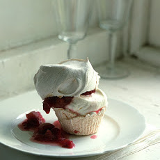 Meringue Cupcakes with Stewed Rhubarb and Raspberries