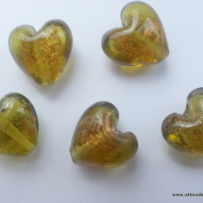Lampwork Heart Beads Olive Green  x8