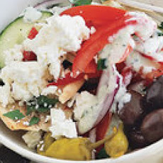 Greek Fit-for-the-Gods Salad with Spicy Cucumber Dressing and Pita Chips