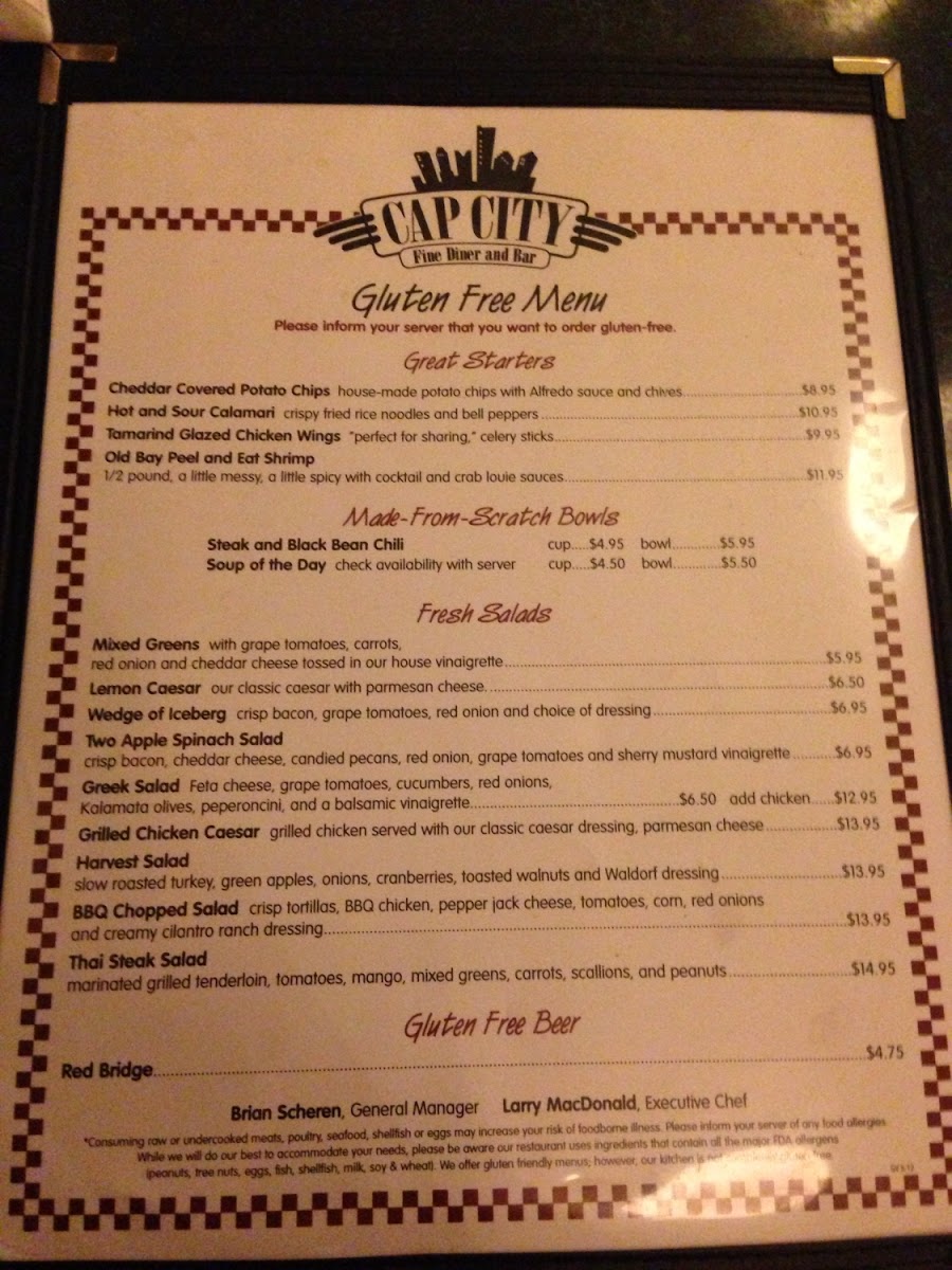 Cap City Fine Diner gluten-free menu