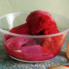 Roasted Rhubarb with Rose Water and Strawberry Sorbet