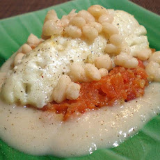 Roasted Cod With White Beans, Tomato Compote, and Truffle Oil