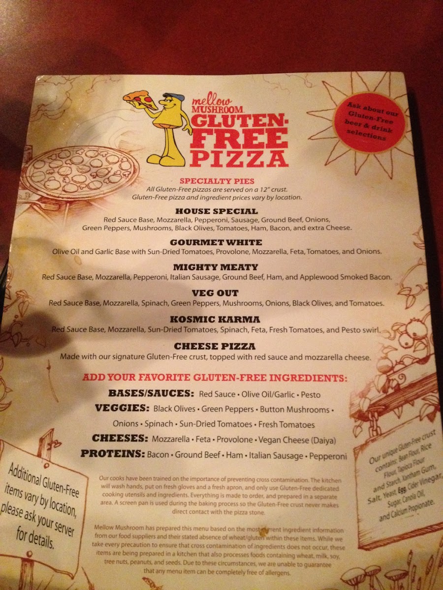 Gluten free menu. Not bad for fake pizza, clearly not the same... Closest to the real thing I've fou