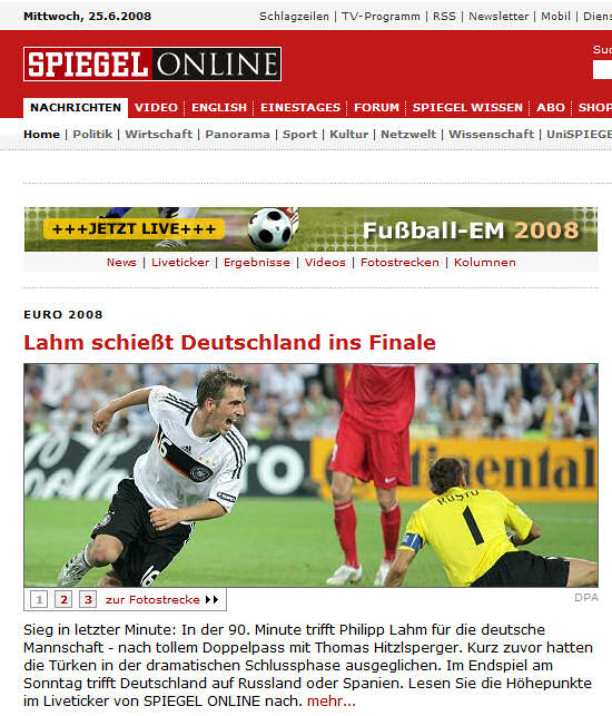 SPIEGELOnline Startseite kurz nach dem EM-Halbfinale 2008