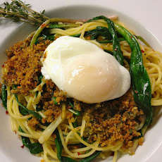 Spaghetti with Ramps, Breadcrumbs, & Poached Egg