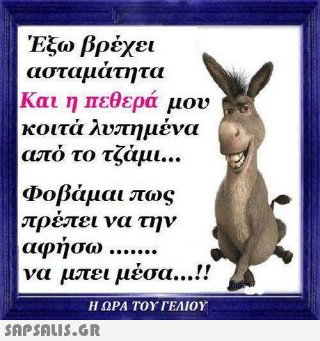Έξω βρέχει ασταμάτητα Και η πεθερά μου κοιτά λυπημένα από το τζάμι Φοβάμαι πως πρεπει να την αφησω να μπει μέσα ! Η ΩΡΑ ΤΟΥ ΓΕΛΙΟΥ 
