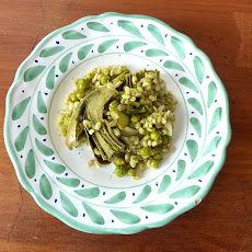 Springtime Barley Pilaf with Spring Peas, Asparagus, and Artichokes with a Mint Pesto