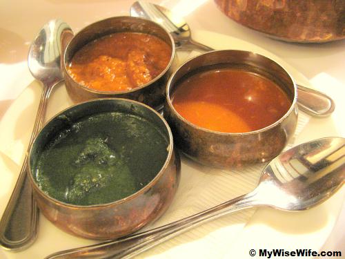A selection of sauces (mint/sweet/spicy) to dip/eat with