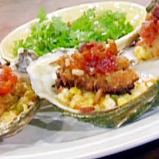 Panneed Oysters wth Sweet Corn Maque Choux, Tomato Jam and Crispy Bacon