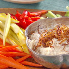 Caramelized Onion and Bacon Dip with Potato Chips and Crudite