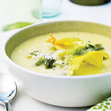 Corn Soup with Roasted Poblanos and Zucchini Blossoms