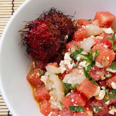 Watermelon, Lychee, Feta, and Basil Salad with Spicy Lemongrass Vinaigrette