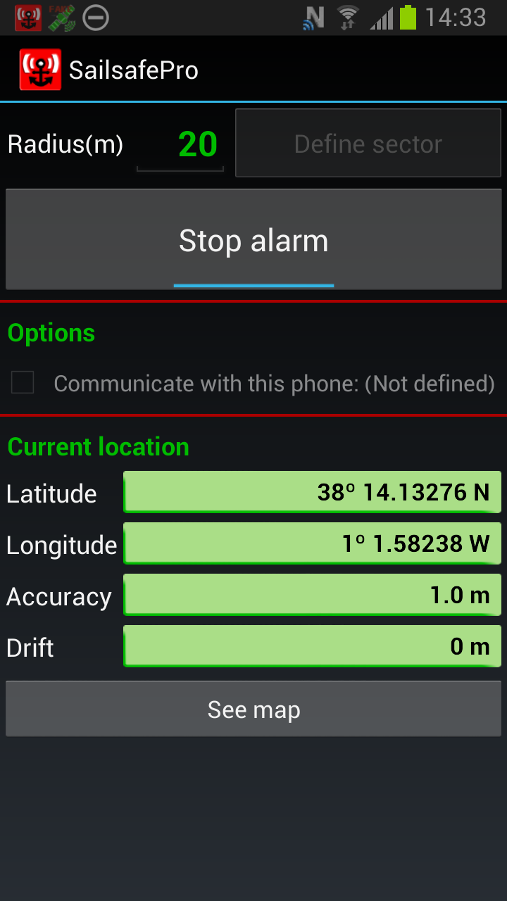 Android application Sailsafe Pro. Anchor alarm. screenshort