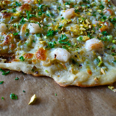 Half Moon Pizza with Melted Green Garlic and Shrimp