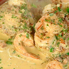 Shrimp in Tasso Cream over Rice Cakes